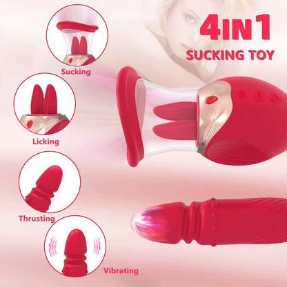 Rose Sex Toy 4 In 1 Tongue Licking Thrusting G Spot Vibrator Clitoral Nipple Sucker Pump Stimulator